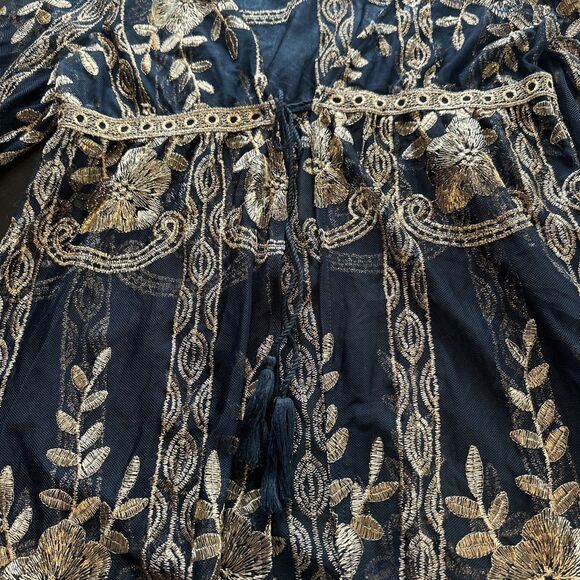 Haute Monde Cinched Waist Kimono Topper Medium Blk Copper Embroidered Whimsigoth - Picture 11 of 11